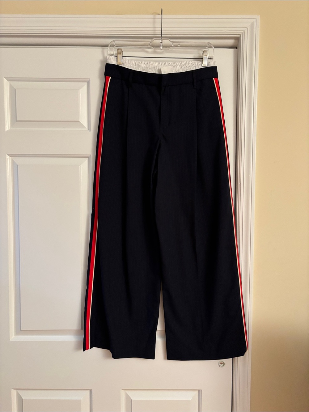 Zara Navy Pinstripe Wide-Leg Trousers with Red & White Side Stripes